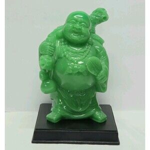 Vintage Green Faux Jade Laughing Buddha Statue 8.5" Tall Lucky Totem Heavy